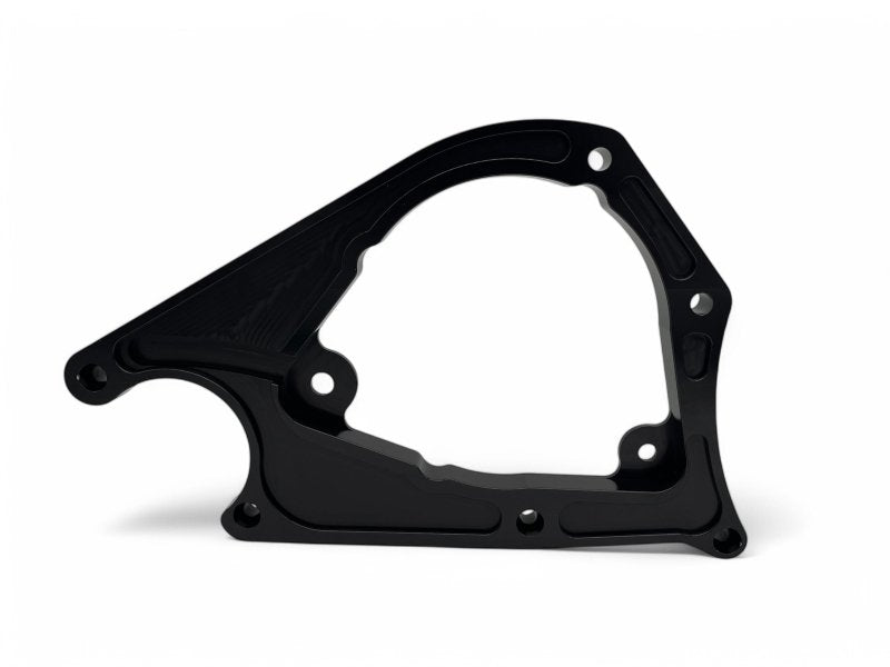 CNC-machined billet aluminum Coyote front mounting plates, black anodized for durability, fits 2005-2025 models with alternator provision.